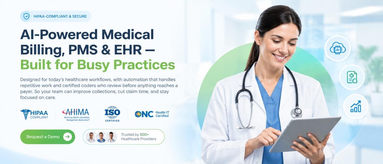 AI-Powered Medical Billing, PMS & EHR — Built for Busy Practices. HIPAA-compliant and secure, with automation that handles repetitive work and certified coders who review before anything reaches a payer.